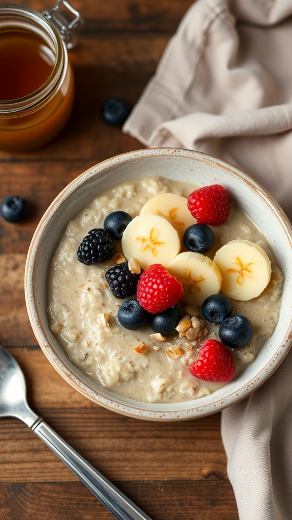 Healthy Oatmeal Breakfast Ideas A bowl of oatmeal topped with berries and bananas on a wooden table with honey.